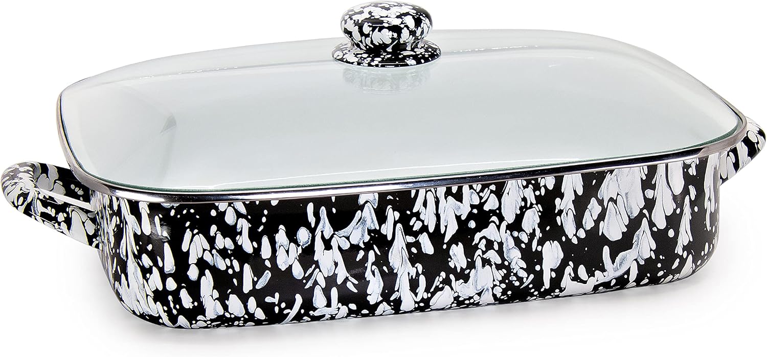 Golden Rabbit Enamelware Roasting Pan with Lid, 10.5 quarts, Black Swirl