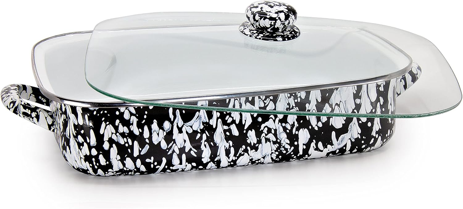 Golden Rabbit Enamelware Roasting Pan with Lid, 10.5 quarts, Black Swirl