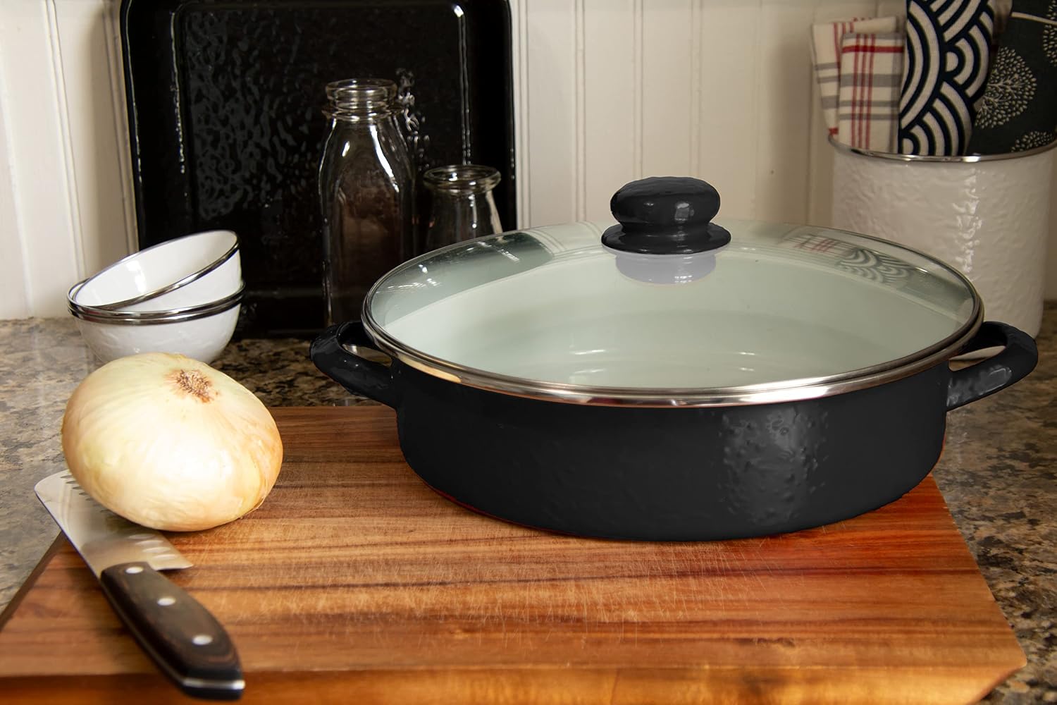 Golden Rabbit Enamelware Saute Pan, 5 quart, Solid Black Textured