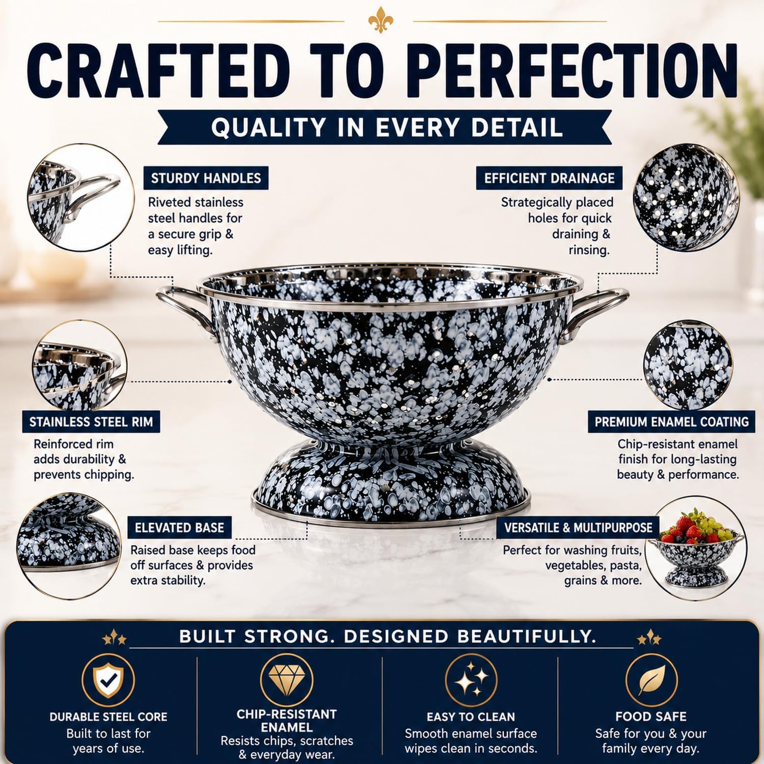 Golden Rabbit Enamelware Large Colander, 5 quart, Black Swirl