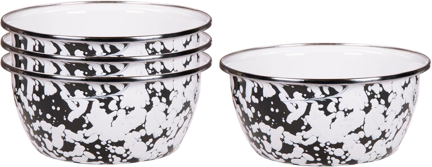 Golden Rabbit Enamelware Salad Bowls, 24 ounce, Black Swirl, Set of 4