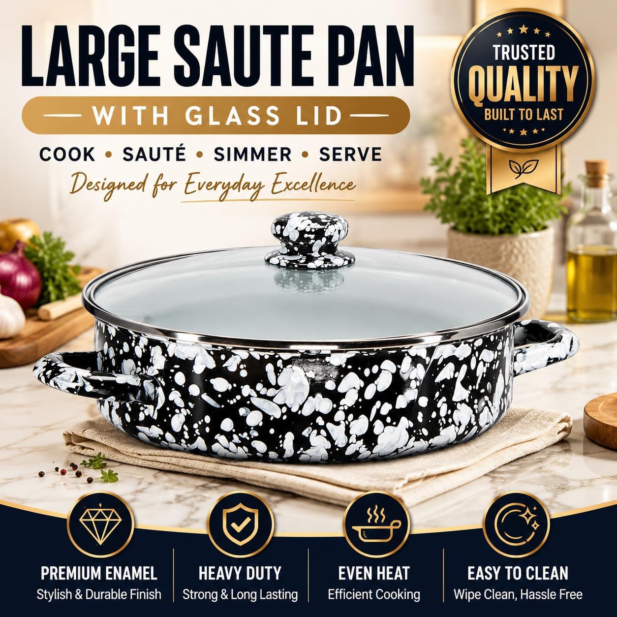 Golden Rabbit Enamelware Saute Pan, 5 quart, Black Swirl