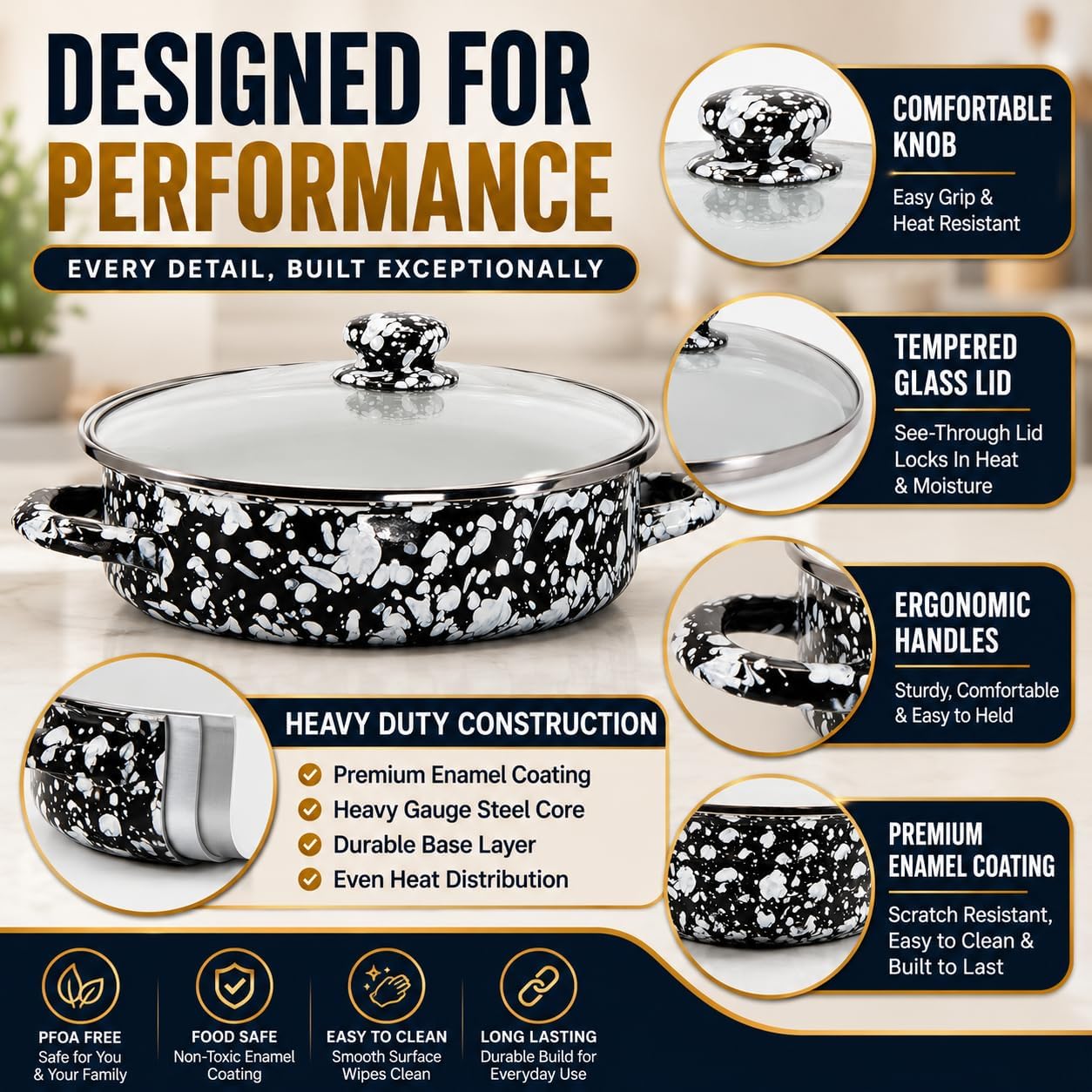 Golden Rabbit Enamelware Saute Pan, 5 quart, Black Swirl