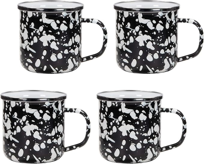 Golden Rabbit Enamelware Coffee or Tea Mugs, 12 ounce, Black Swirl, Set of 4
