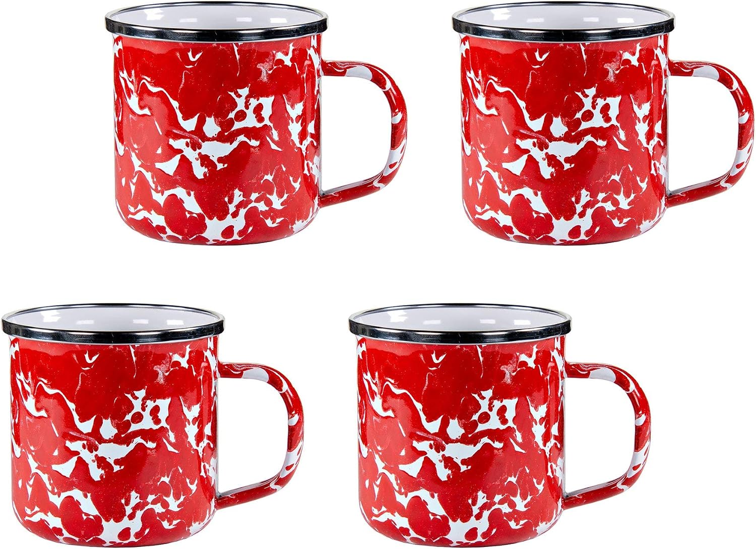 Golden Rabbit Enamelware Coffee or Tea Mugs, 12 ounce, Red Swirl, Set of 4