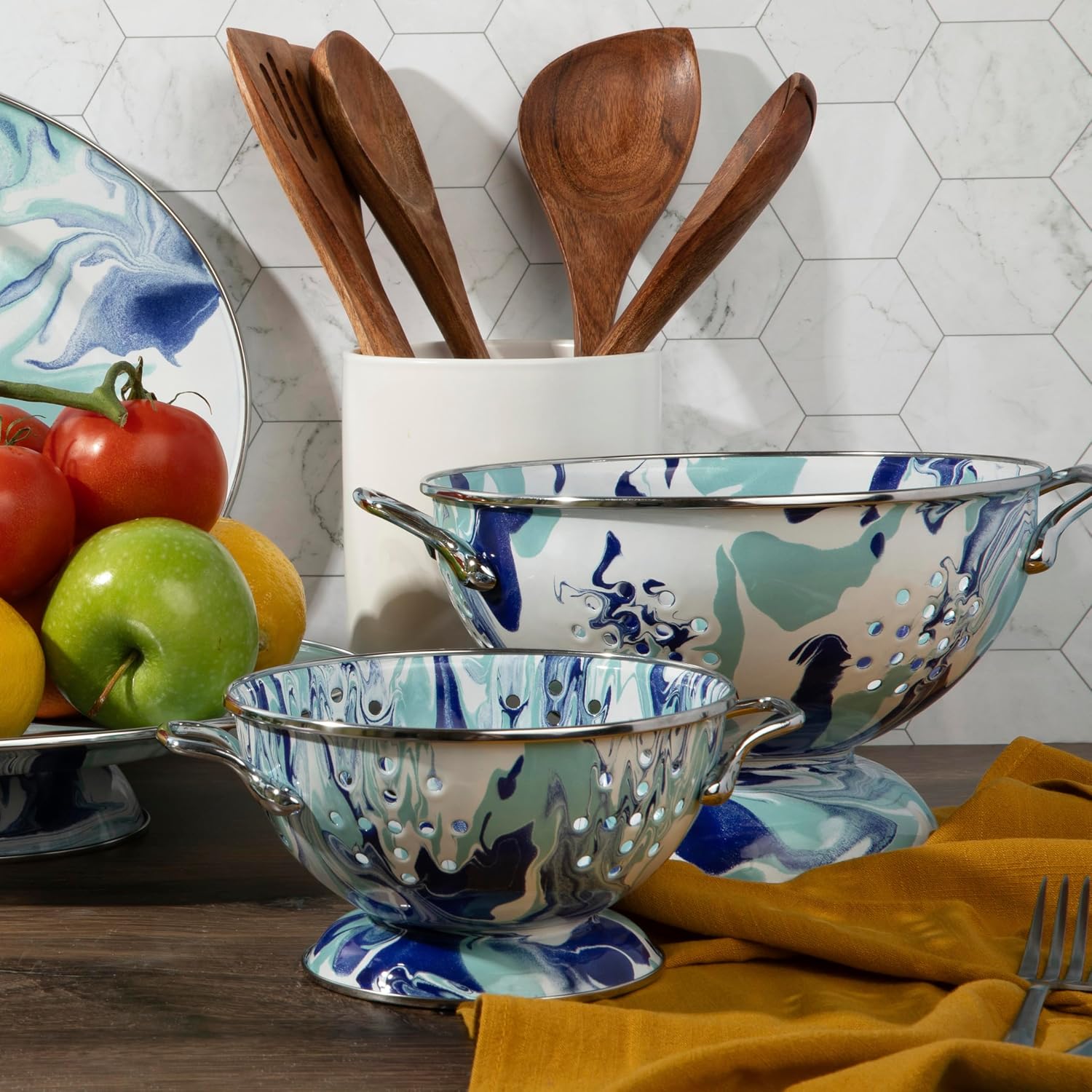 Golden Rabbit Enamelware Petite Colander, 1 quart, Lagoon