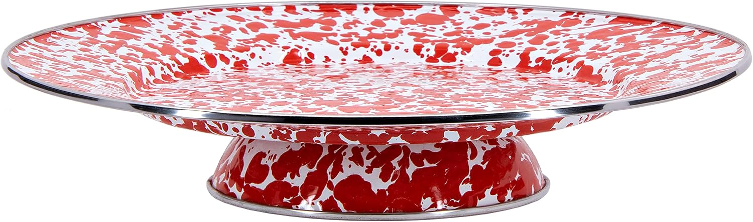 Golden Rabbit Enamelware Cake Plate, 12.5 inch, Red Swirl