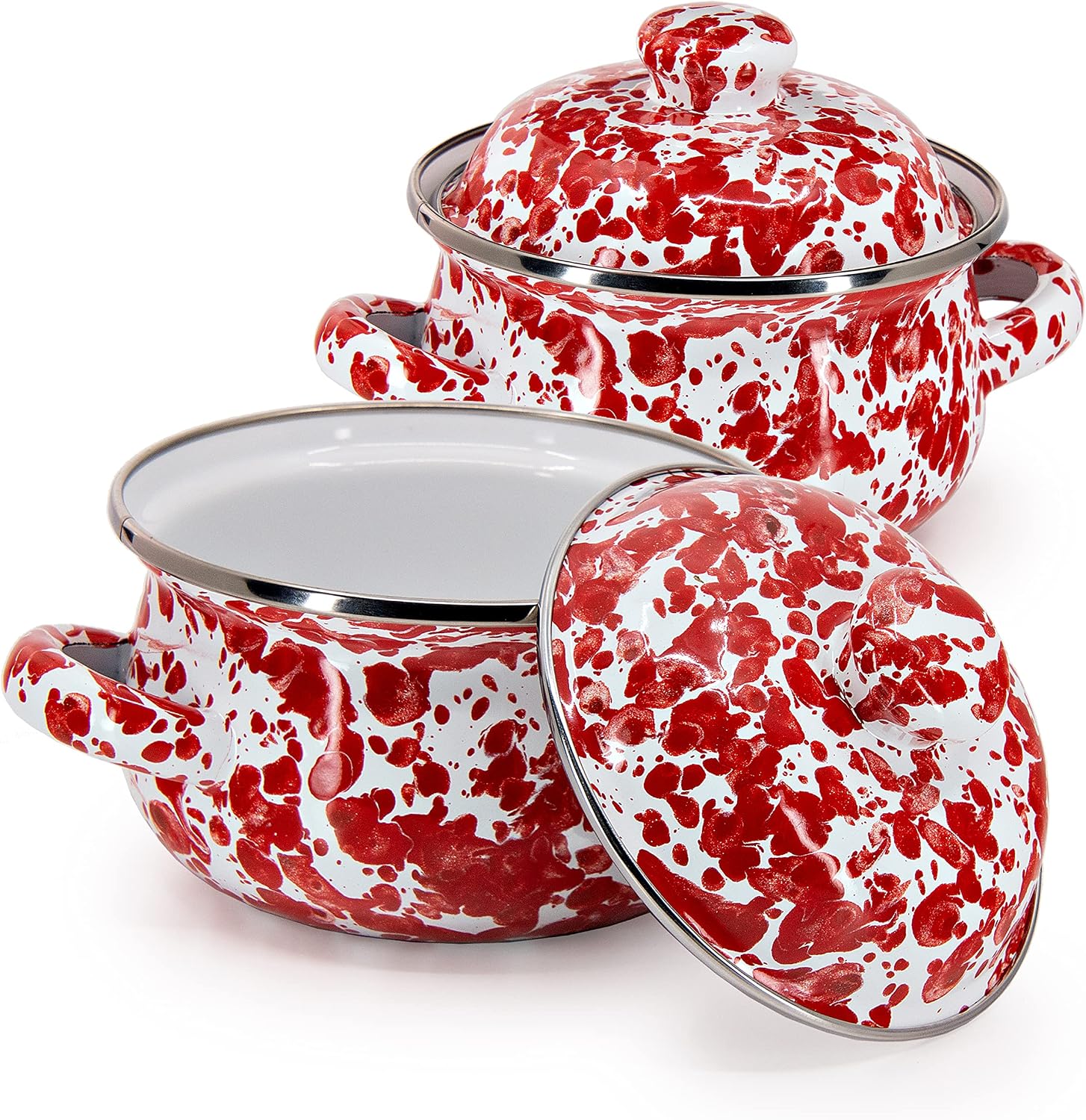 Golden Rabbit Enamelware Petite Tureens Pots, 16 ounce, Red Swirl, Set of 2
