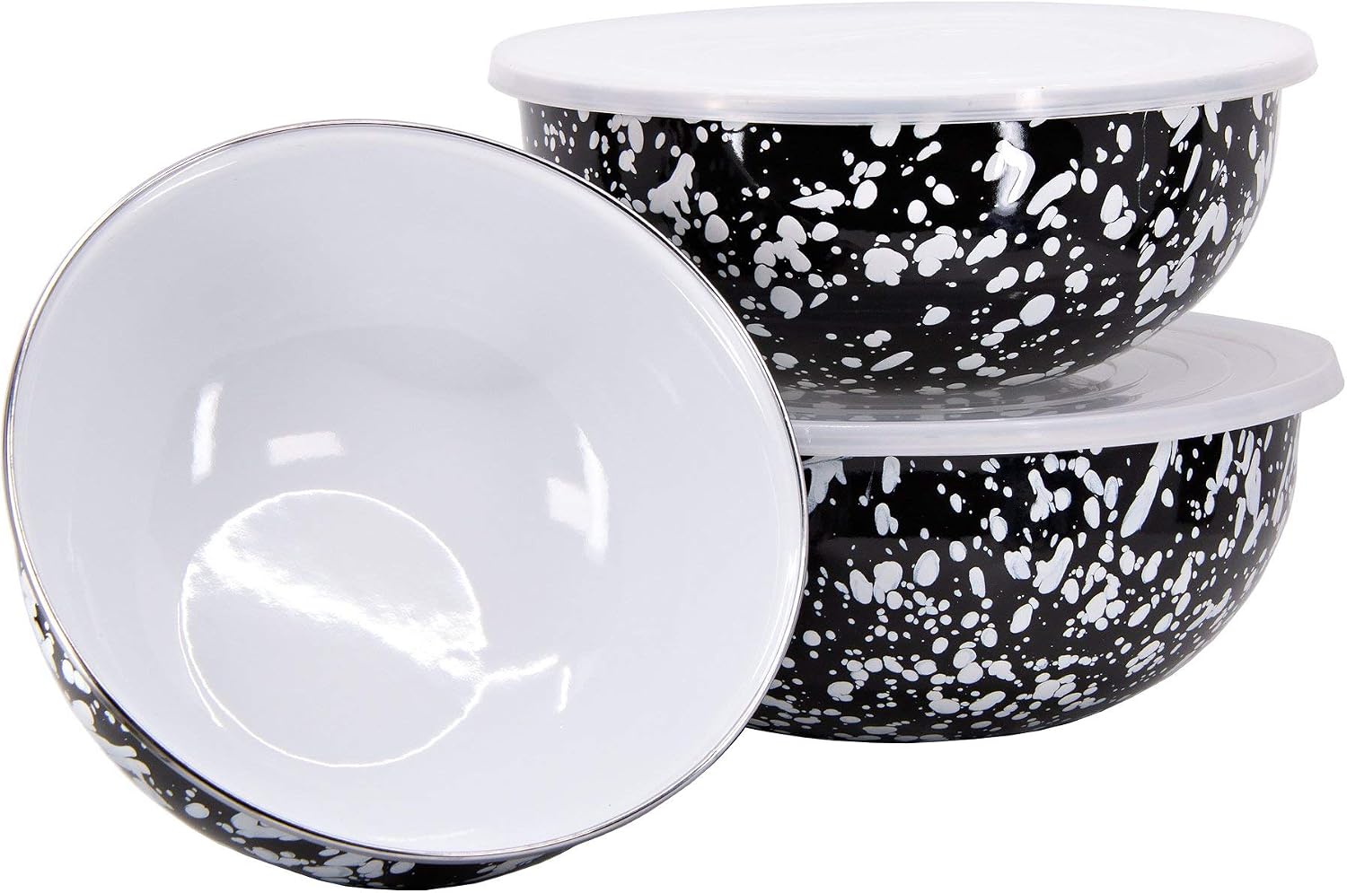 Golden Rabbit Enamelware Nested Mixing Bowls with Lids, Set of 3, Black Swirl