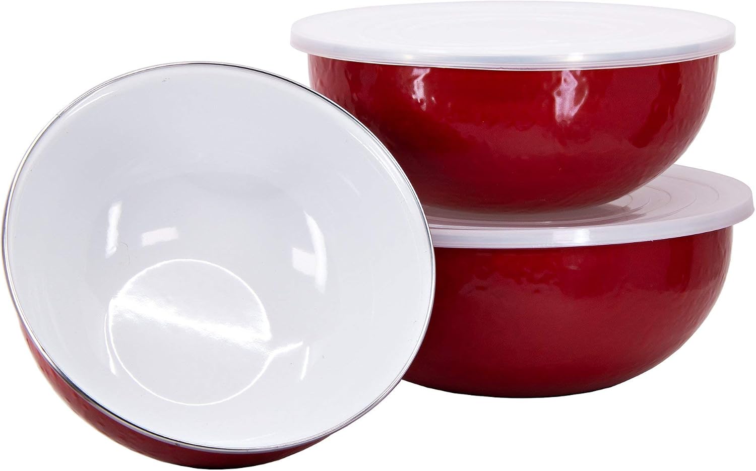 Golden Rabbit Enamelware Nested Mixing Bowls with Lids, Set of 3, Solid Red Textured