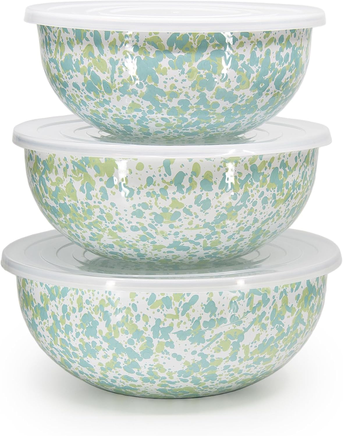 Golden Rabbit Enamelware Nested Mixing Bowls with Lids, Set of 3, Jardin Swirl