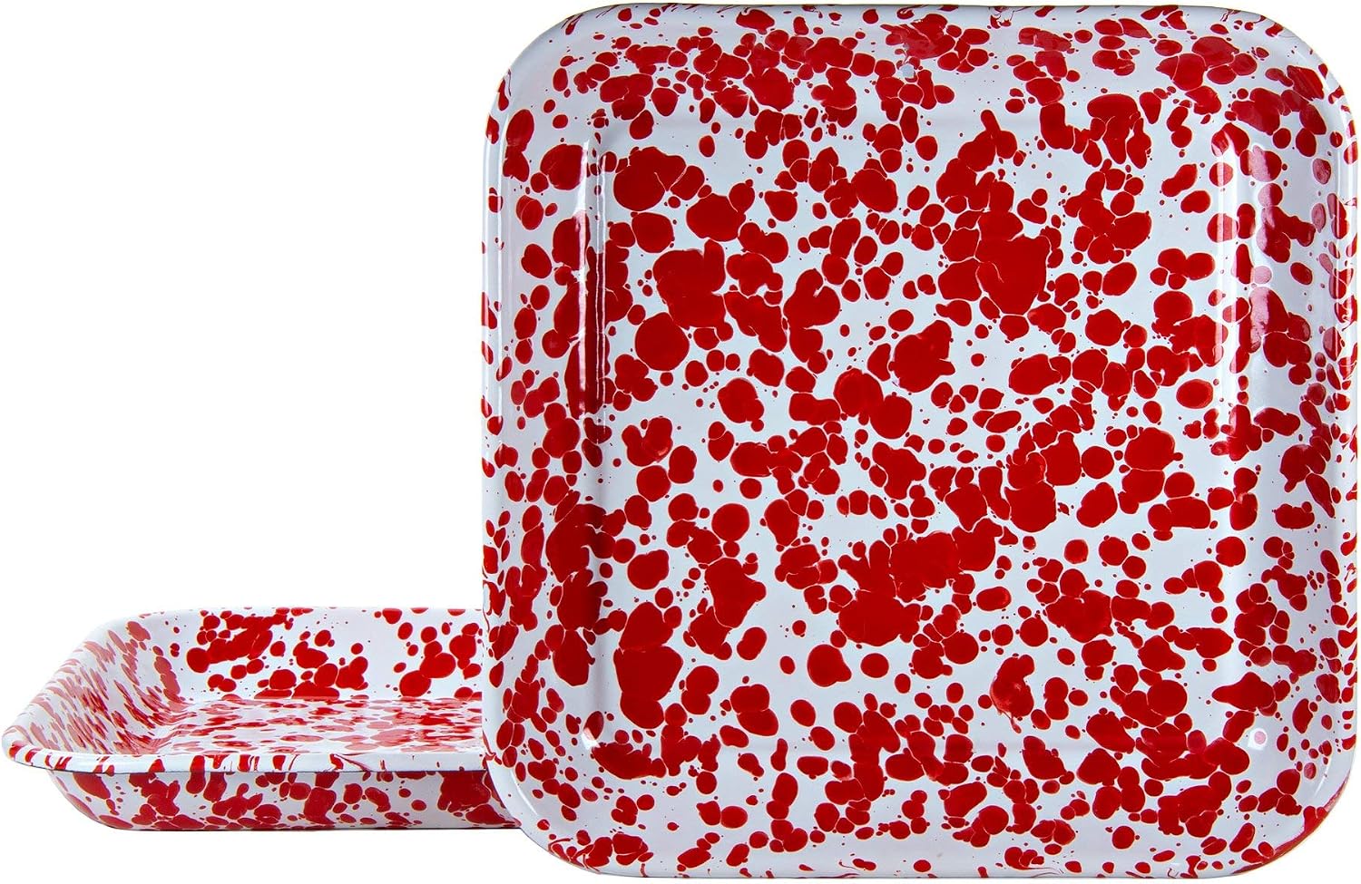 Golden Rabbit Enamelware Square Plates, 10.5 inch, Red Swirl, Set of 2