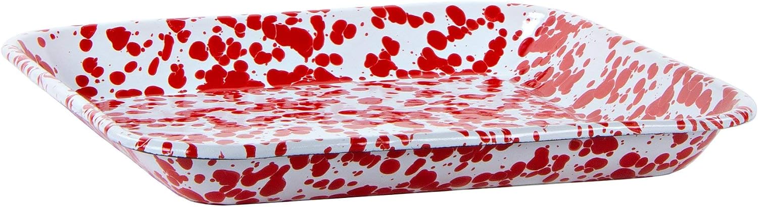 Golden Rabbit Enamelware Square Plates, 10.5 inch, Red Swirl, Set of 2