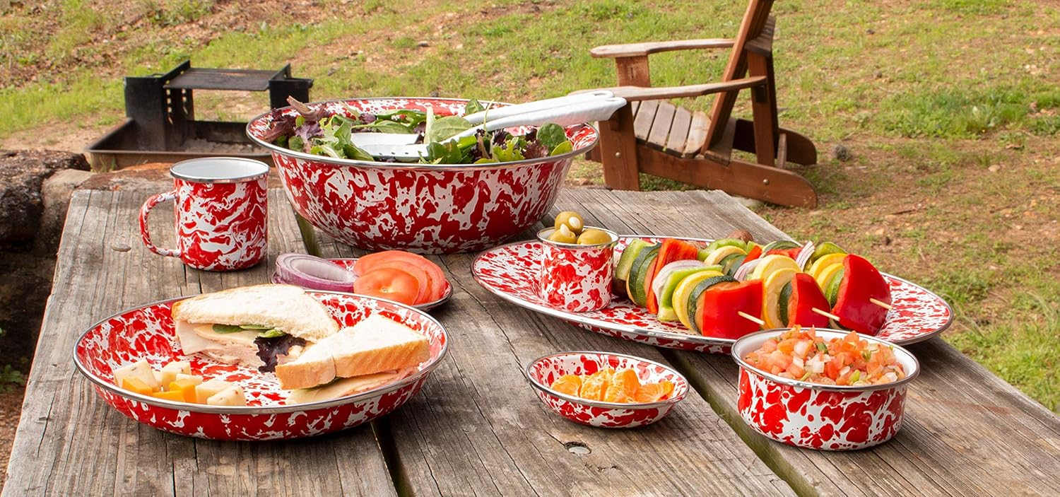 Golden Rabbit Enamelware Square Plates, 10.5 inch, Red Swirl, Set of 2