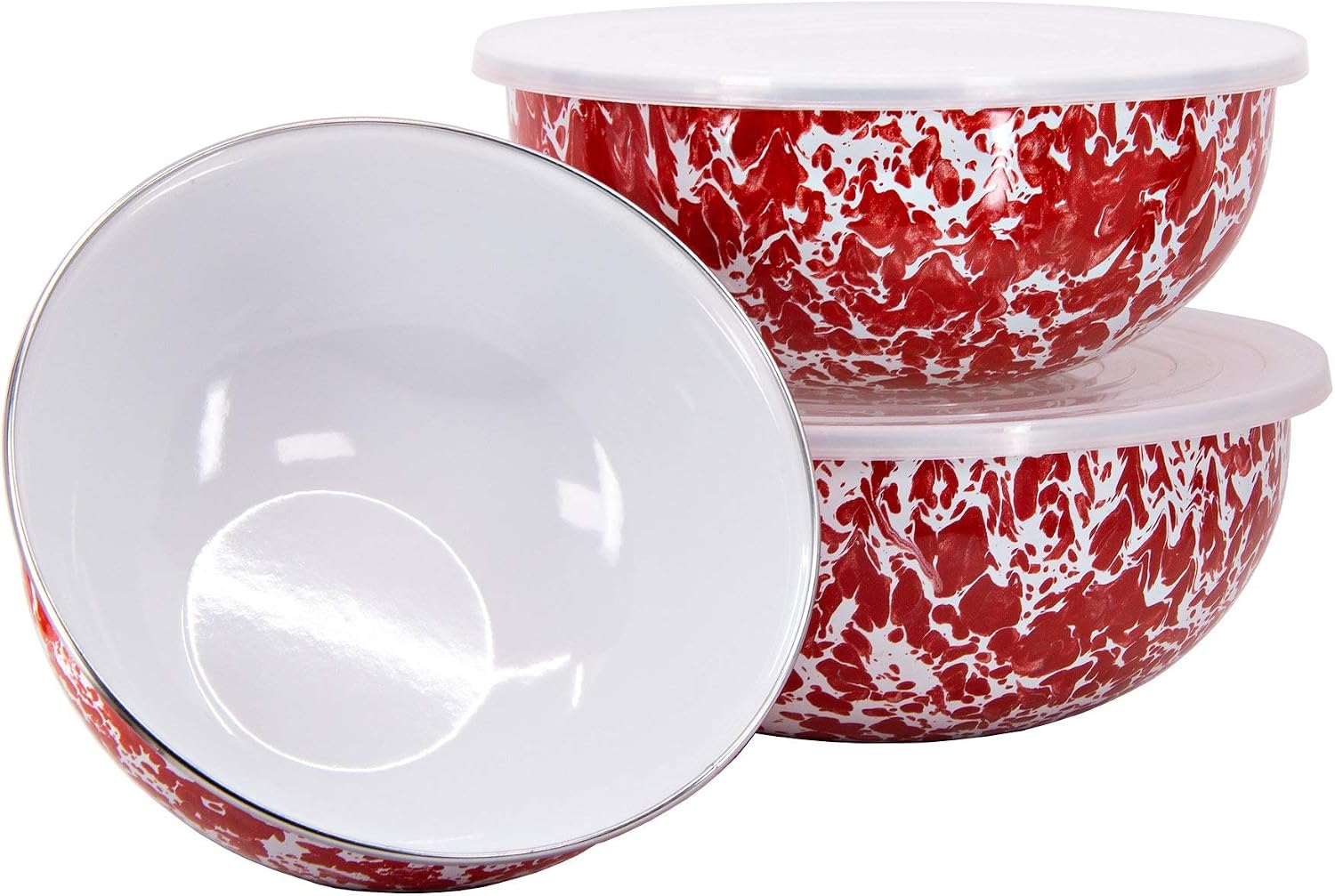 Golden Rabbit Enamelware Nested Mixing Bowls with Lids, Set of 3, Red Swirl