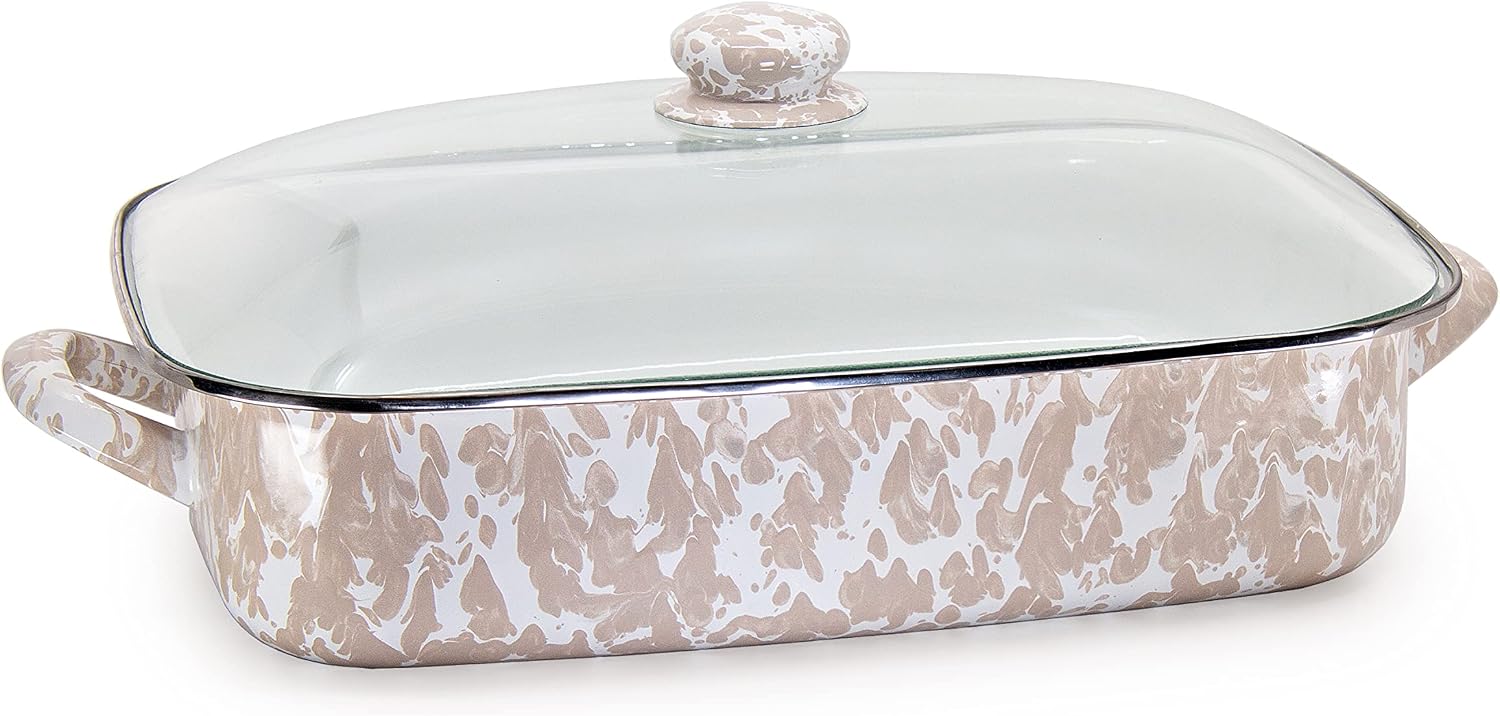 Golden Rabbit Enamelware Roasting Pan with Lid, 10.5 quarts, Taupe Swirl