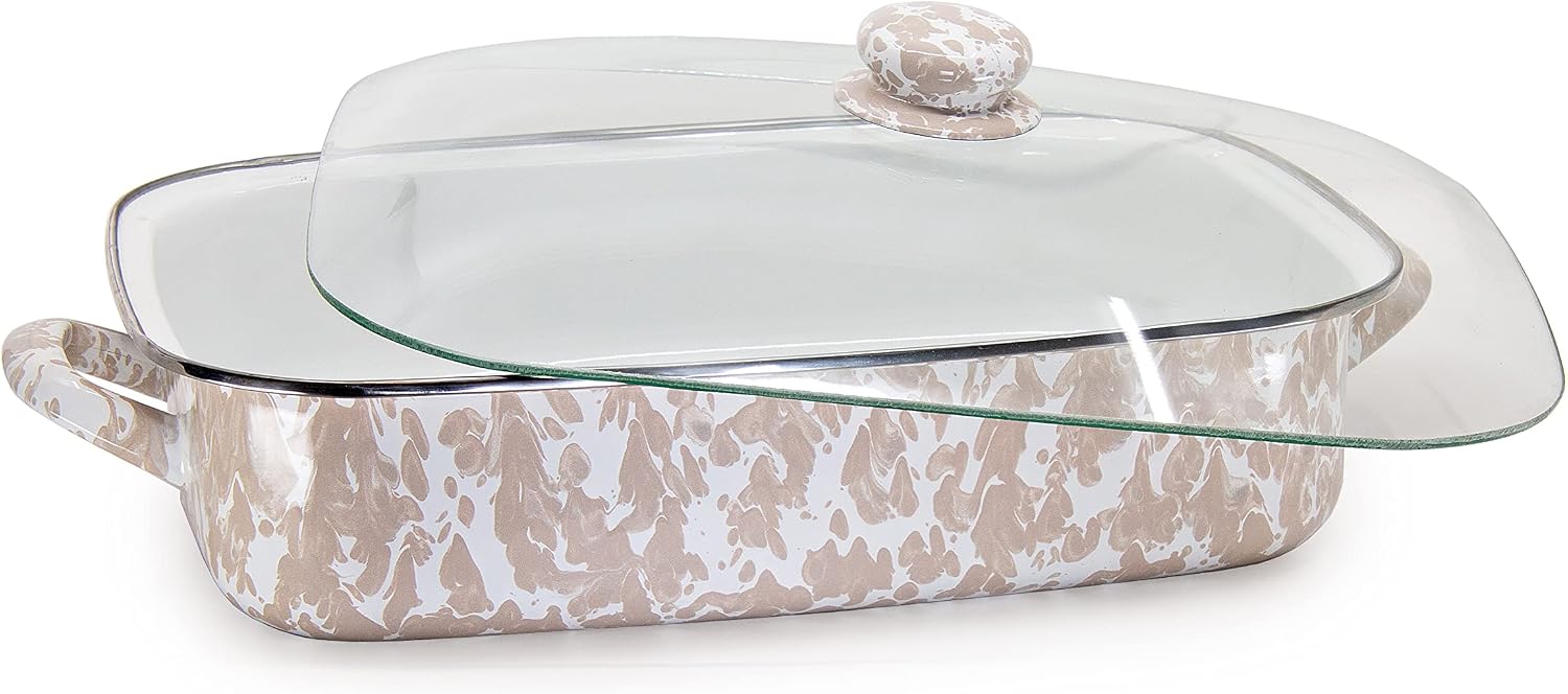 Golden Rabbit Enamelware Roasting Pan with Lid, 10.5 quarts, Taupe Swirl
