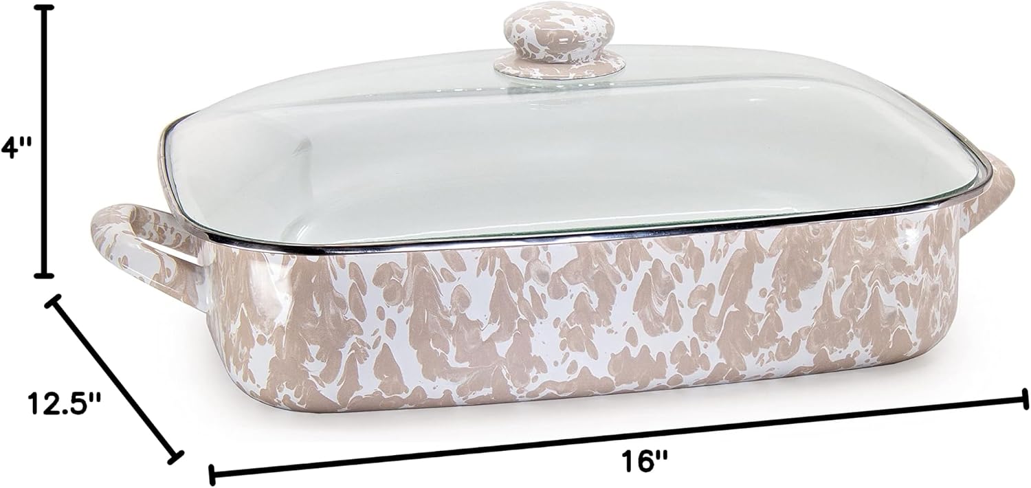 Golden Rabbit Enamelware Roasting Pan with Lid, 10.5 quarts, Taupe Swirl