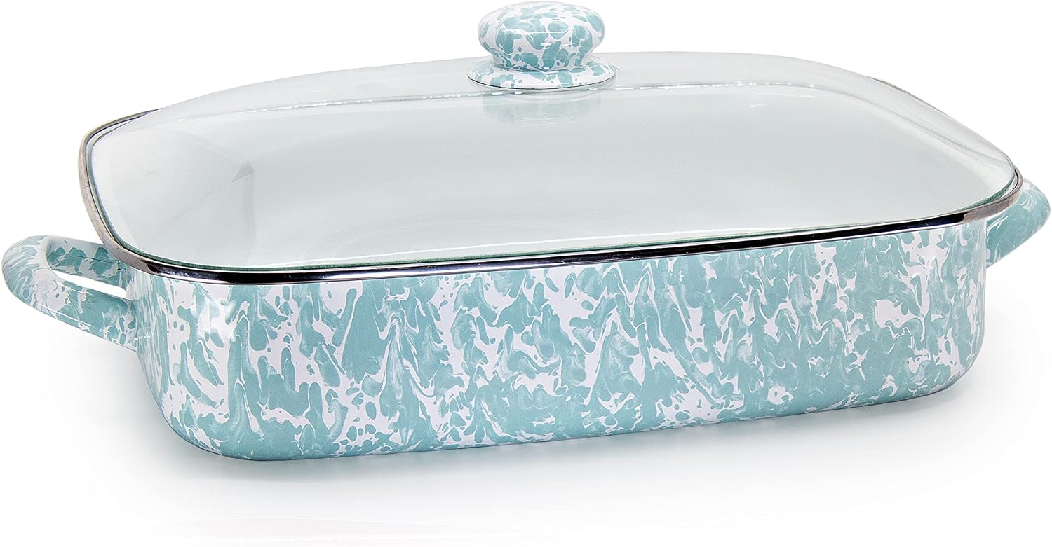 Golden Rabbit Enamelware Roasting Pan with Lid, 10.5 quarts, Sea Glass
