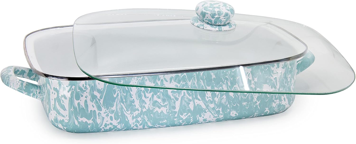 Golden Rabbit Enamelware Roasting Pan with Lid, 10.5 quarts, Sea Glass