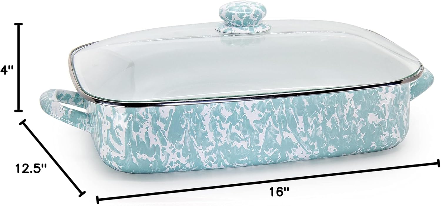 Golden Rabbit Enamelware Roasting Pan with Lid, 10.5 quarts, Sea Glass