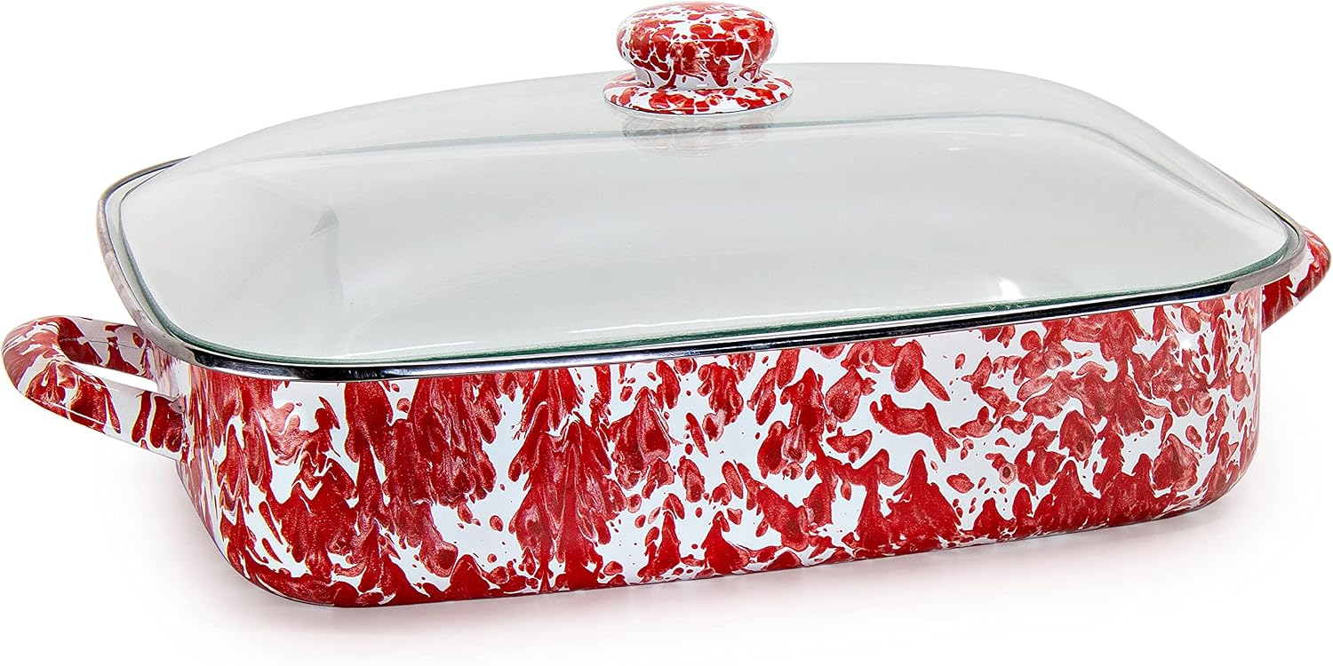 Golden Rabbit Enamelware Roasting Pan with Lid, 10.5 quarts, Red Swirl