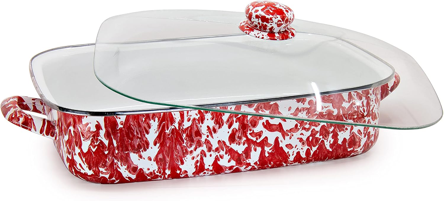 Golden Rabbit Enamelware Roasting Pan with Lid, 10.5 quarts, Red Swirl