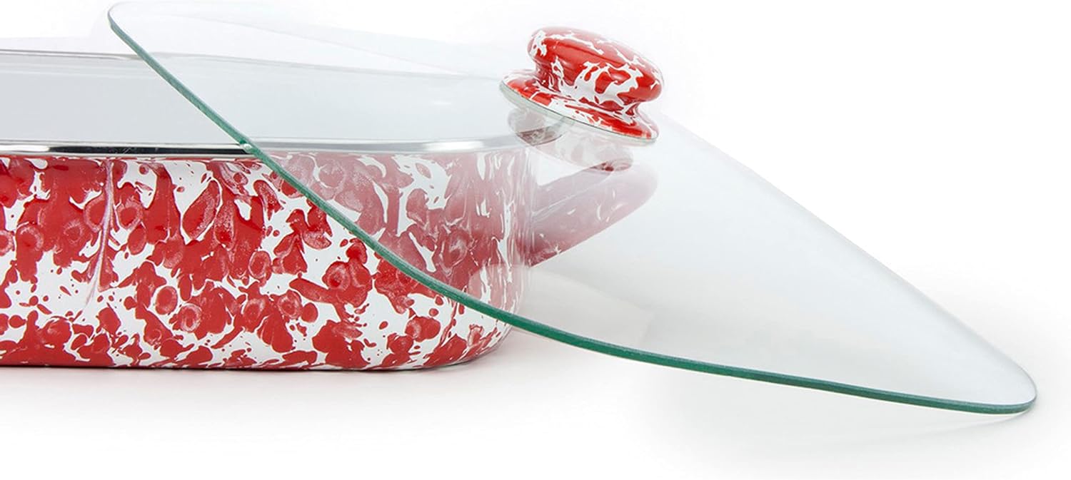 Golden Rabbit Enamelware Roasting Pan with Lid, 10.5 quarts, Red Swirl