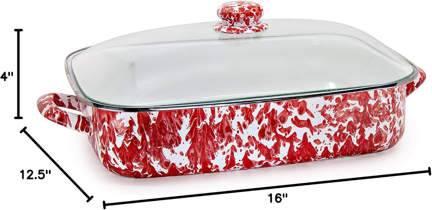 Golden Rabbit Enamelware Roasting Pan with Lid, 10.5 quarts, Red Swirl