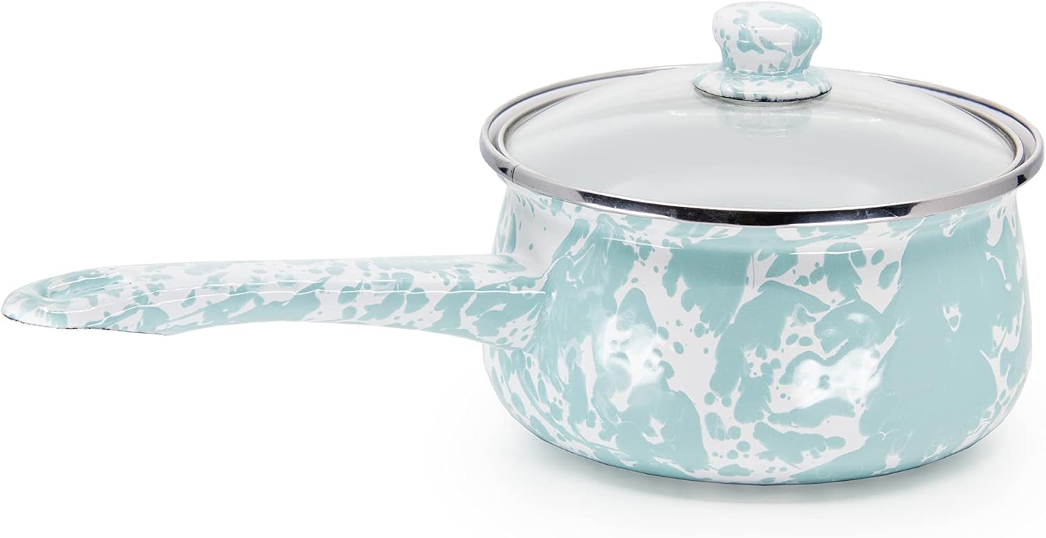 Golden Rabbit Enamelware Sauce Pan with Handle, 5 cup, Sea Glass