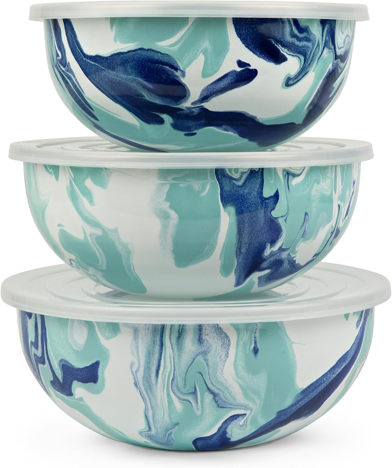 Golden Rabbit Enamelware Nested Mixing Bowls with Lids, Set of 3, Lagoon