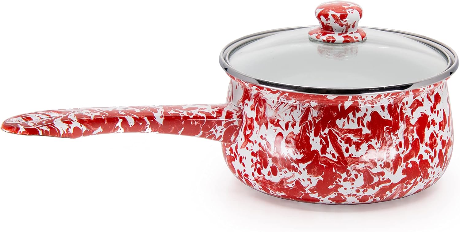 Golden Rabbit Enamelware Sauce Pan with Handle, 5 cup, Red Swirl