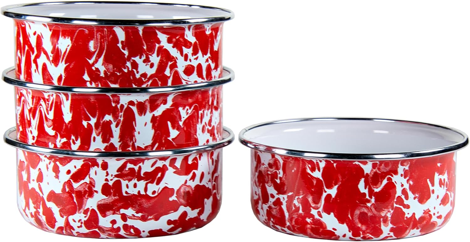 Golden Rabbit Enamelware Soup Bowls with Lids, 14 ounce, Red Swirl, Set of 4