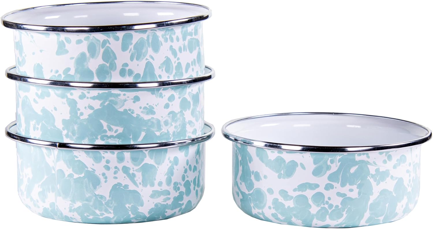 Golden Rabbit Enamelware Soup Bowls with Lids, 14 ounce, Sea Glass, Set of 4