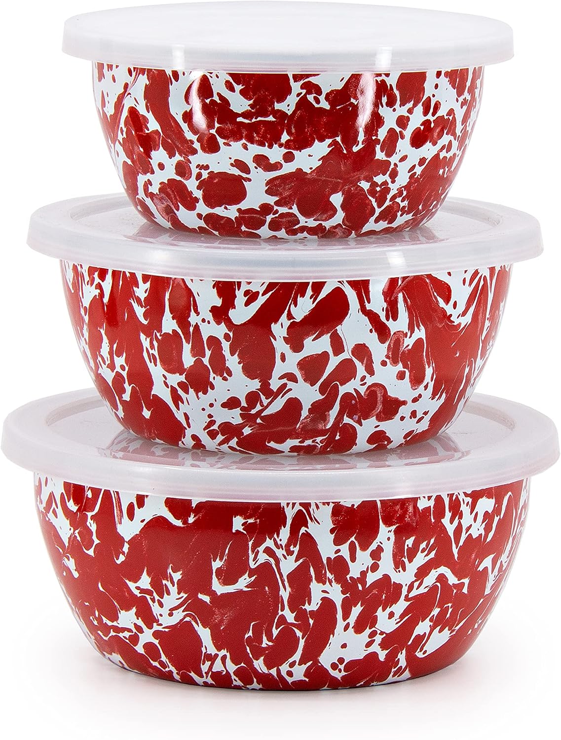 Golden Rabbit Enamelware Nesting Storage Bowls with Lids, Set of 3, Red Swirl