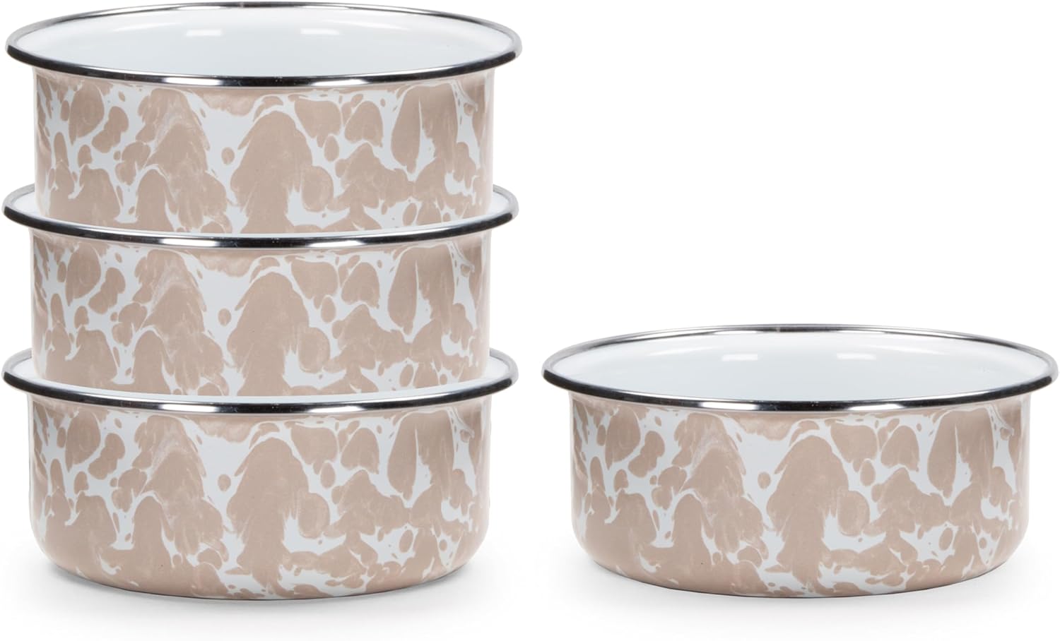 Golden Rabbit Enamelware Soup Bowls with Lids, 14 ounce, Taupe Swirl, Set of 4