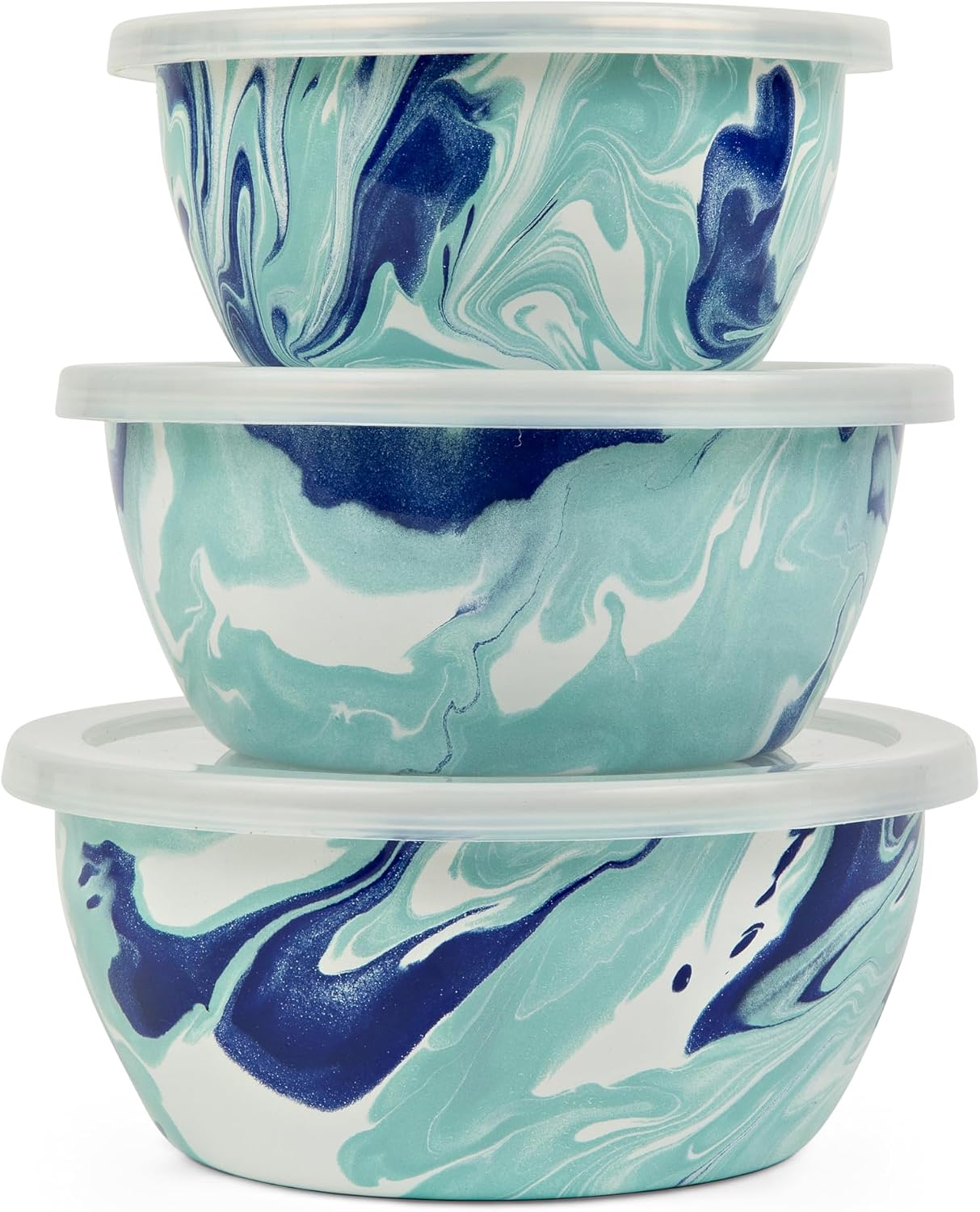 Golden Rabbit Enamelware Nesting Storage Bowls with Lids, Set of 3, Lagoon