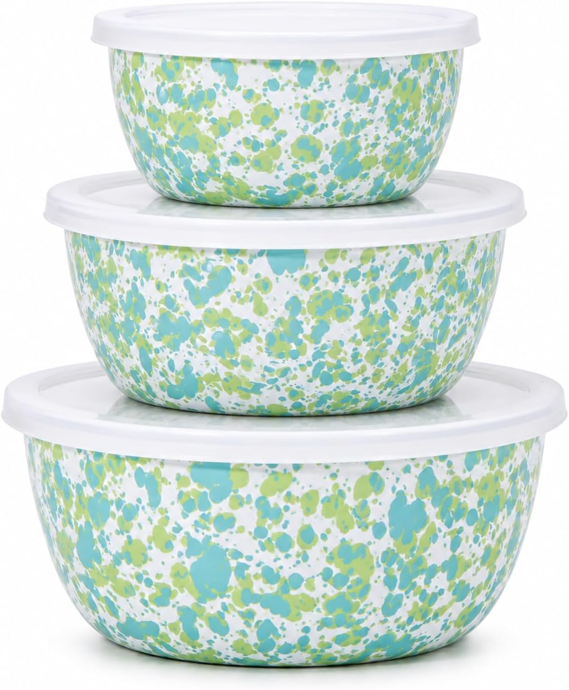 Golden Rabbit Enamelware Nesting Storage Bowls with Lids, Set of 3, Jardin Swirl