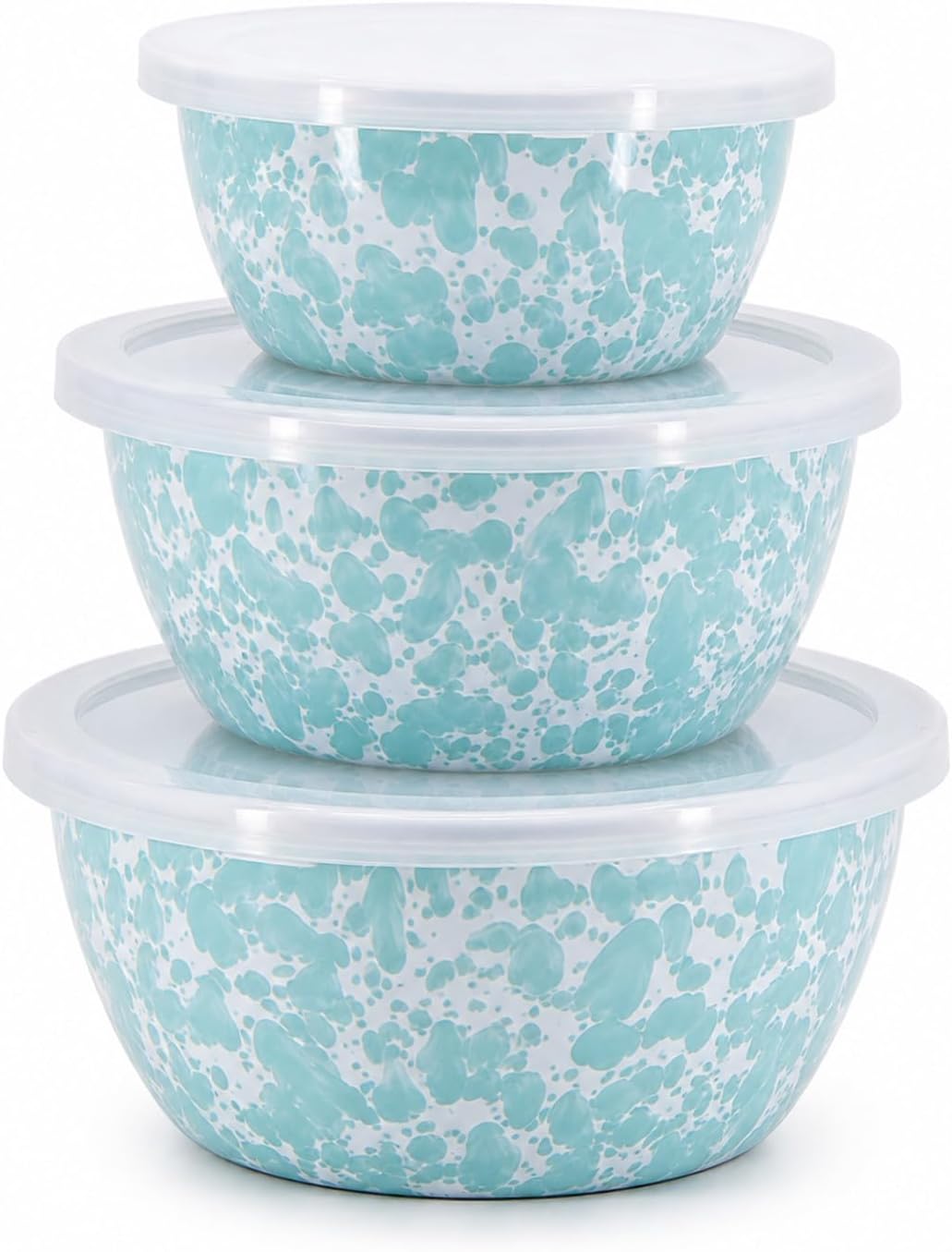 Golden Rabbit Enamelware Nesting Storage Bowls with Lids, Set of 3, Sea Glass