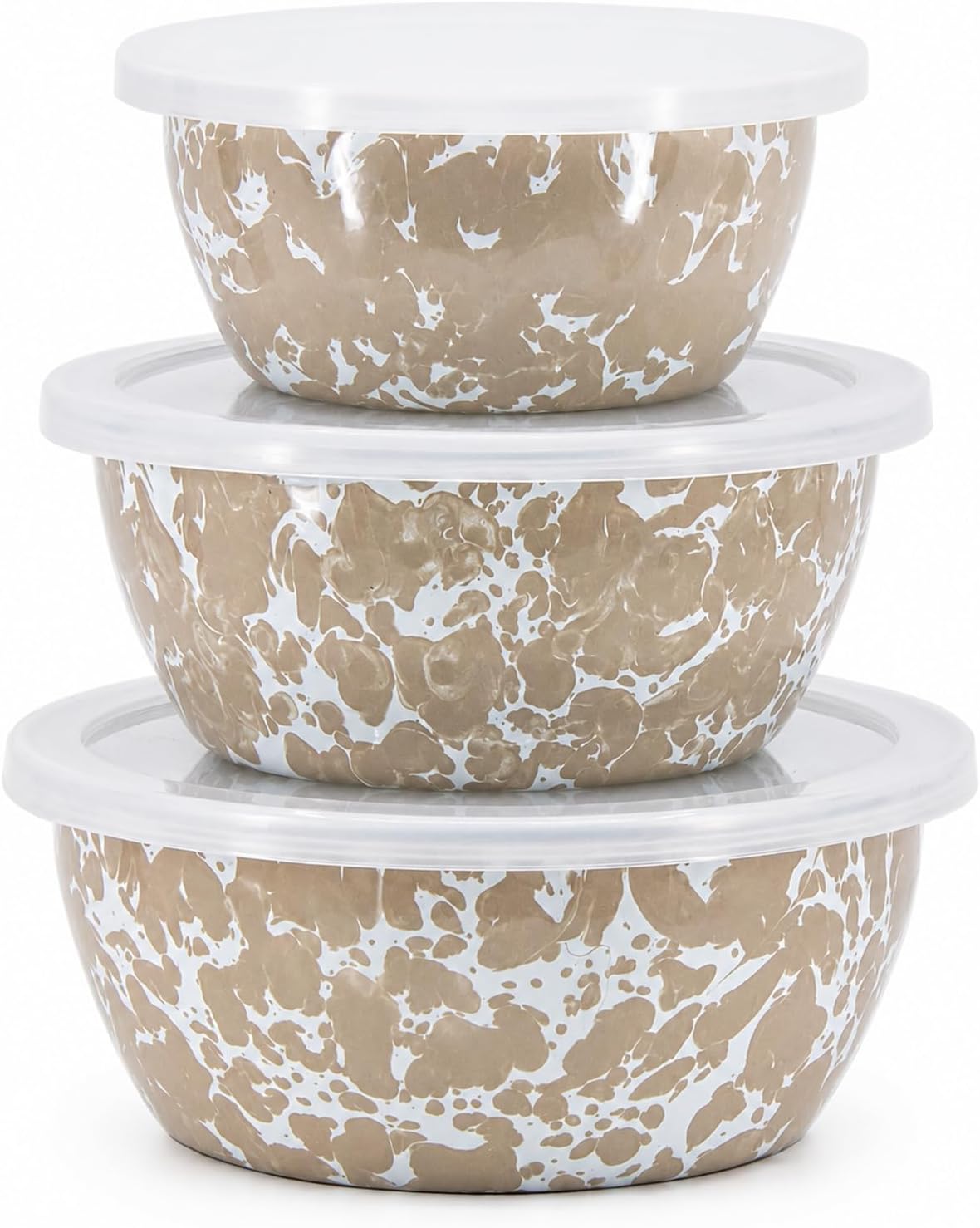 Golden Rabbit Enamelware Nesting Storage Bowls with Lids, Set of 3, Taupe Swirl
