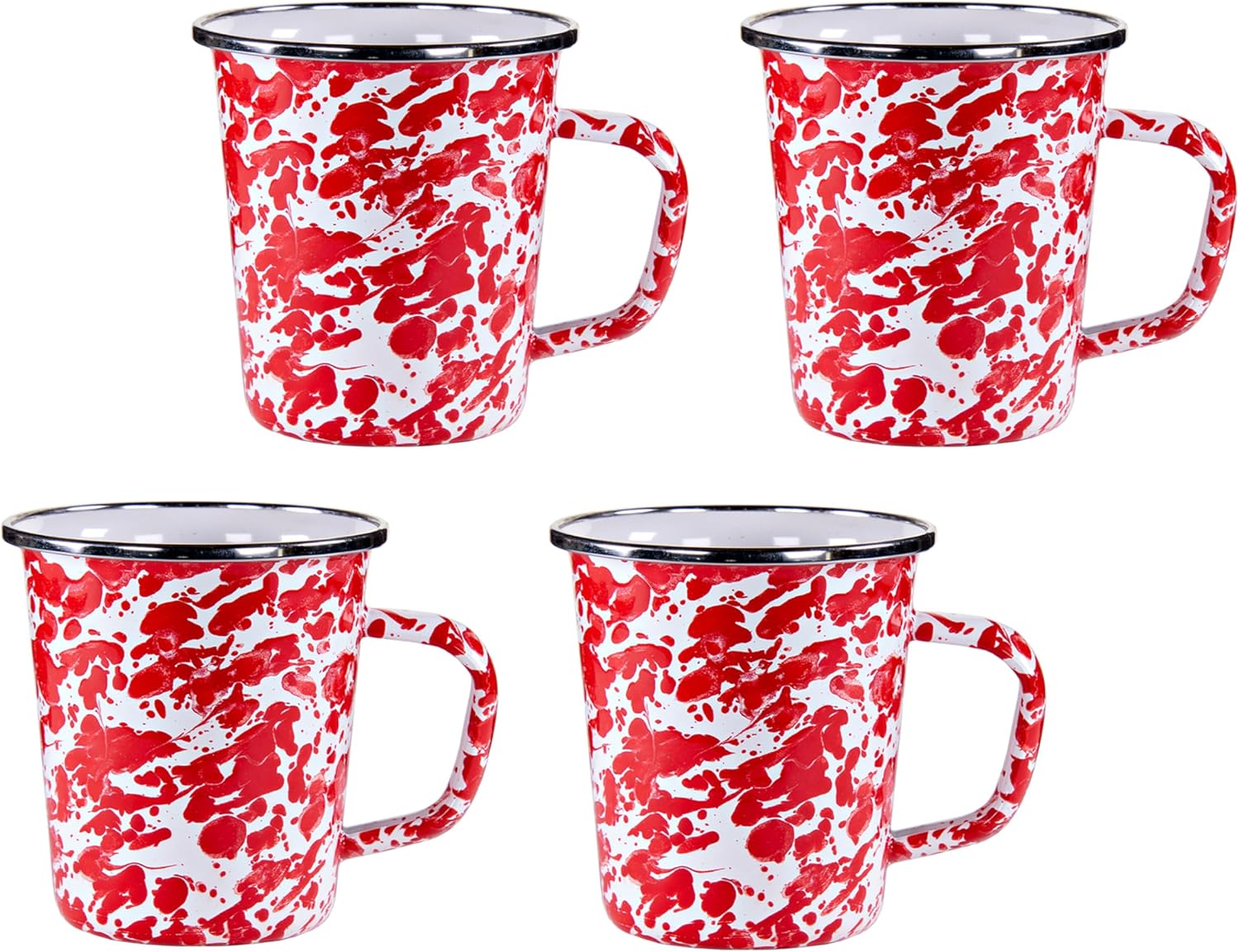 Golden Rabbit Enamelware Latte Coffee or Tea Mugs, 16 ounce, Red Swirl, Set of 4