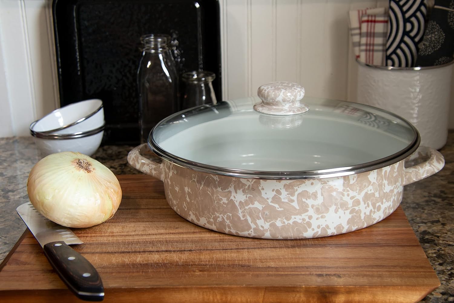 Golden Rabbit Enamelware Saute Pan, 5 quart, Taupe Swirl