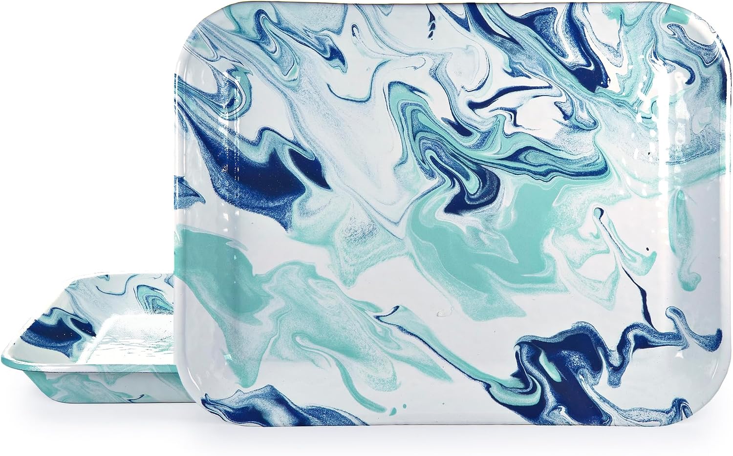 Golden Rabbit Enamelware Quarter Sheet Trays, 12 x 10in, Lagoon Marbled, Set of 2