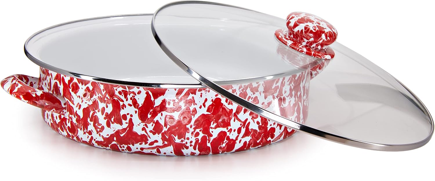 Golden Rabbit Enamelware Saute Pan, 5 quart, Red Swirl
