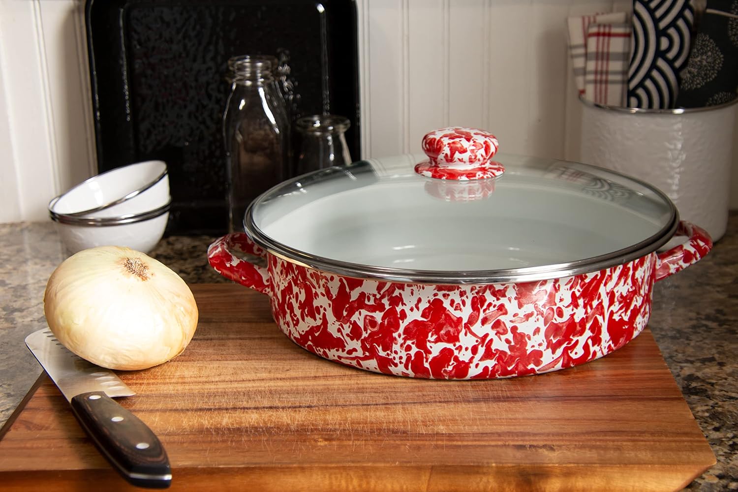 Golden Rabbit Enamelware Saute Pan, 5 quart, Red Swirl