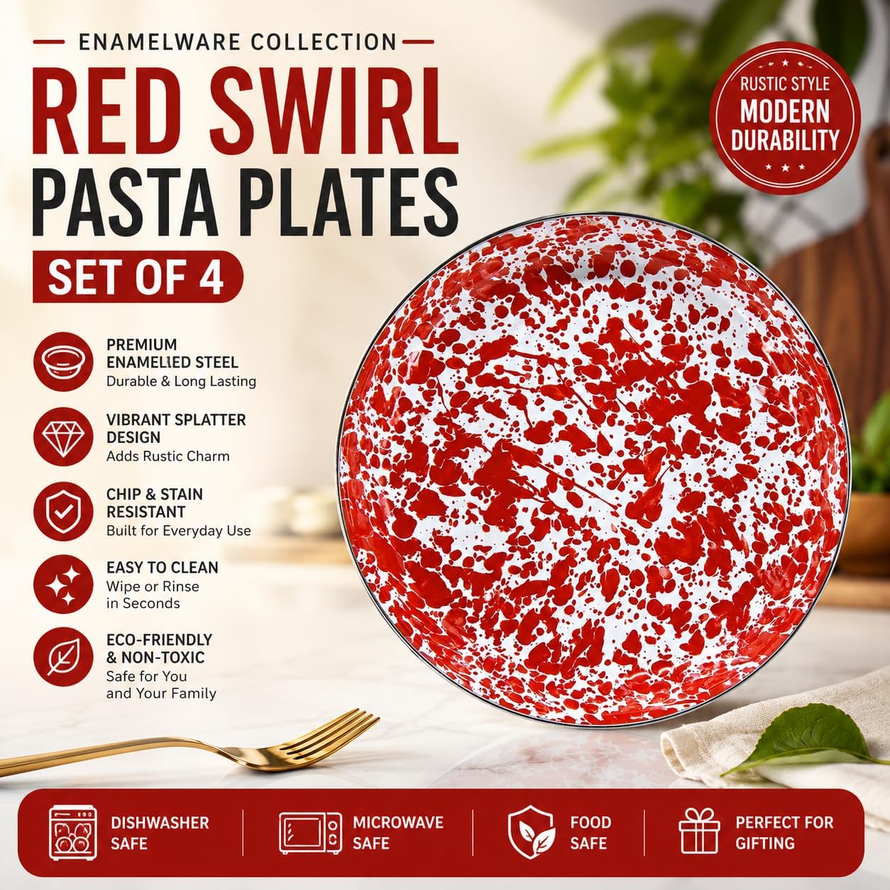 Golden Rabbit Enamelware Pasta Plates, 10 inch, Red Swirl, Set of 4