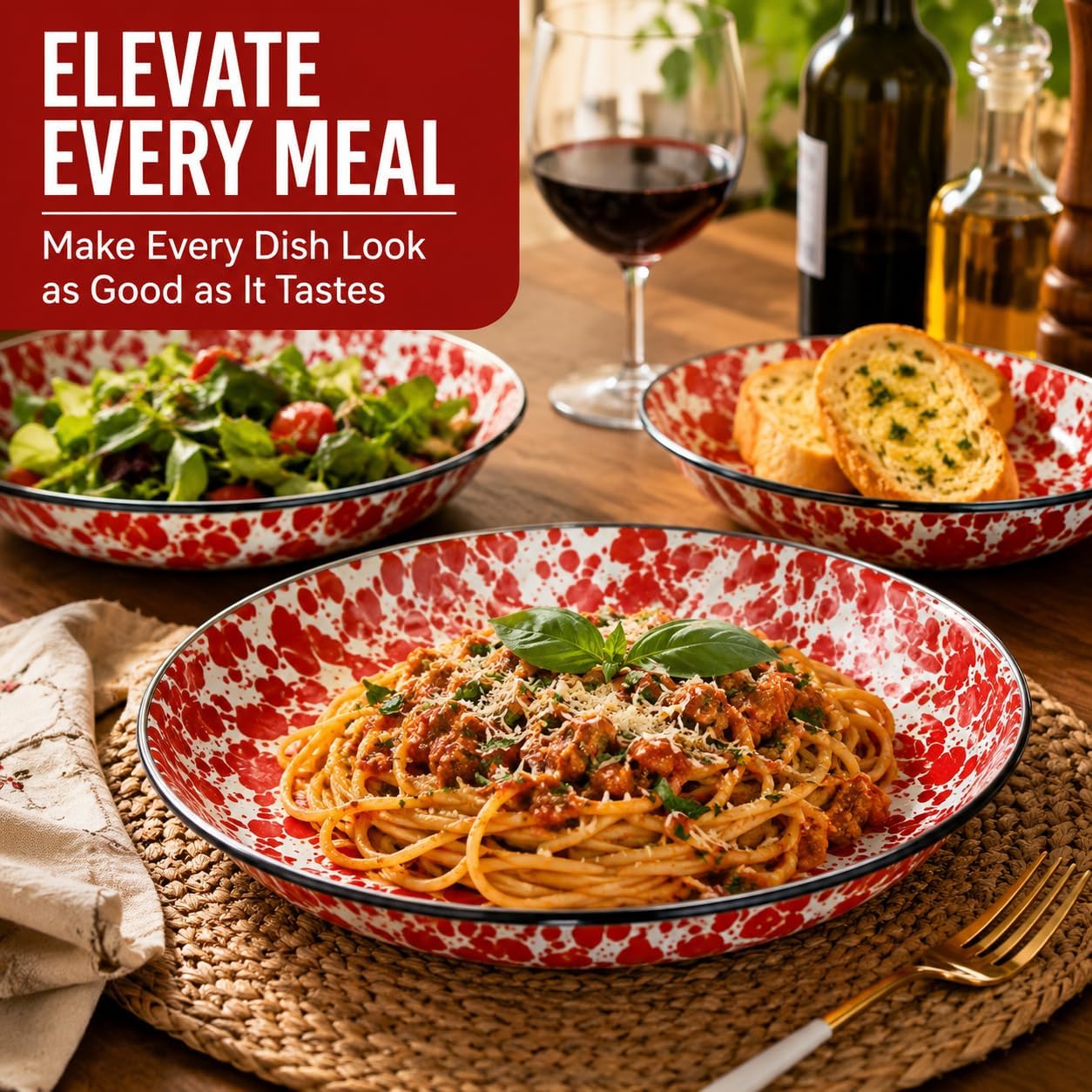 Golden Rabbit Enamelware Pasta Plates, 10 inch, Red Swirl, Set of 4