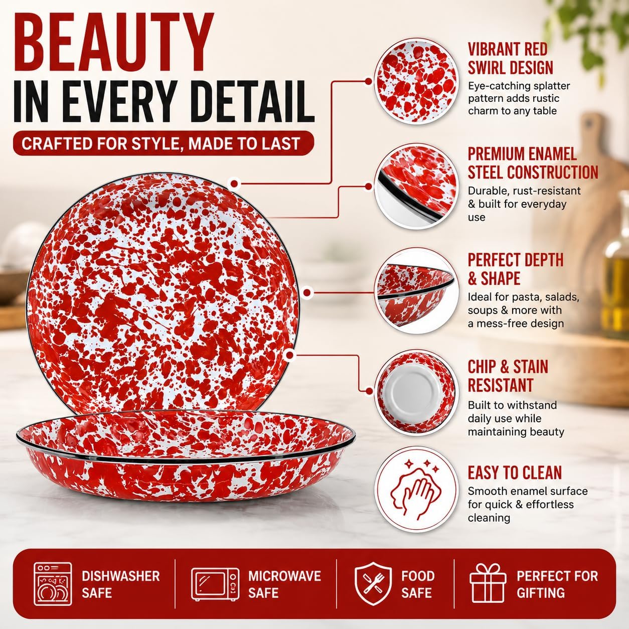 Golden Rabbit Enamelware Pasta Plates, 10 inch, Red Swirl, Set of 4