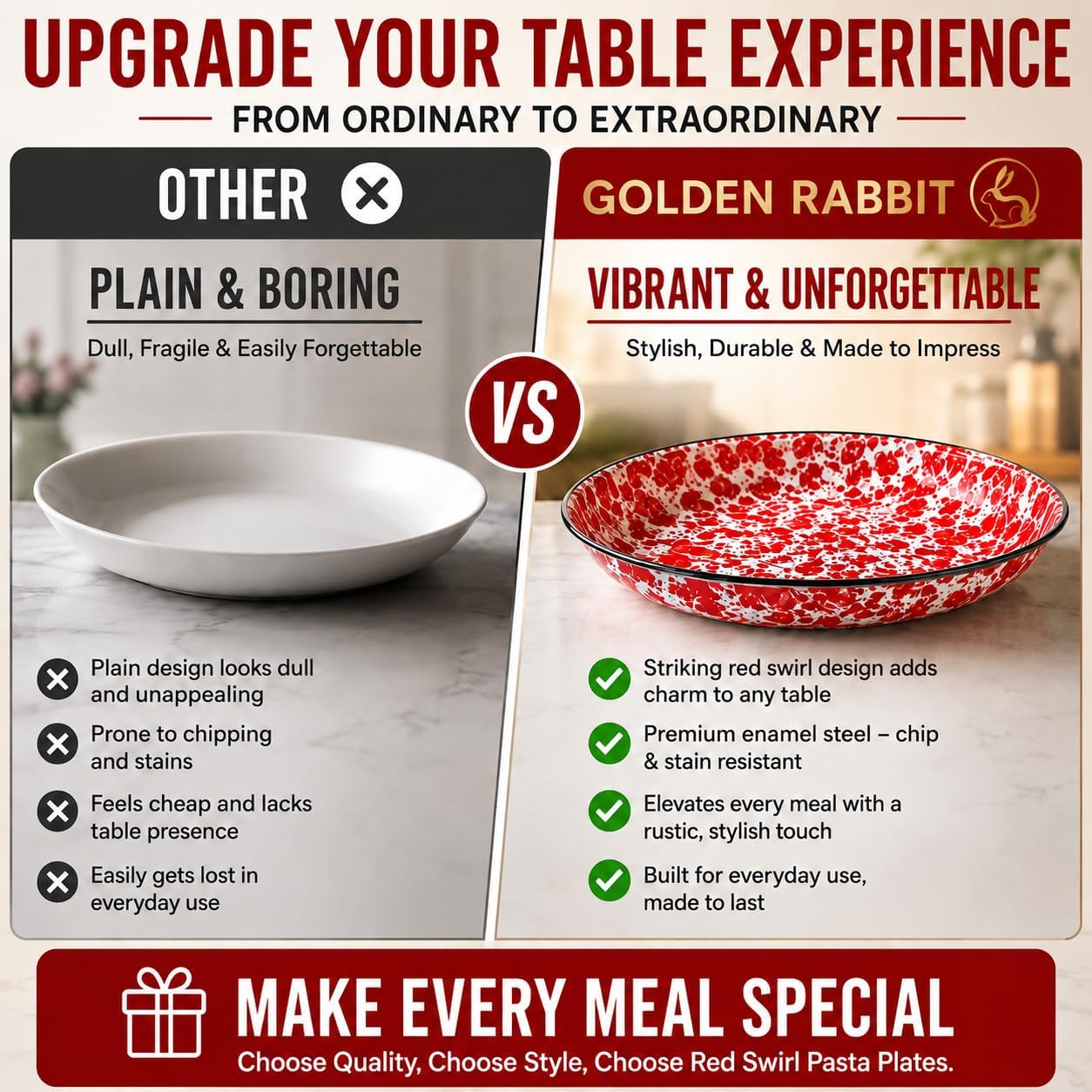 Golden Rabbit Enamelware Pasta Plates, 10 inch, Red Swirl, Set of 4