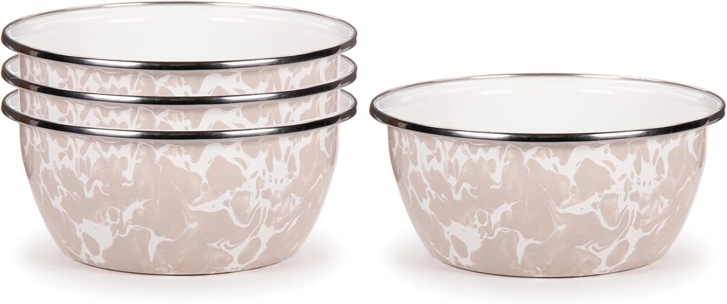 Golden Rabbit Enamelware Salad Bowls, 24 ounce, Taupe Swirl, Set of 4